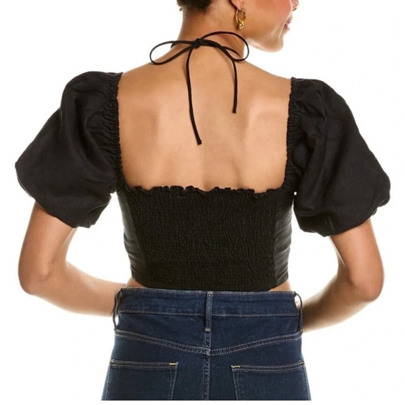 NWT! BODEN Halter Neck Cut Out Linen Crop Top US 12 Black Poof Sleeves Tie CUTE - Picture 2 of 15